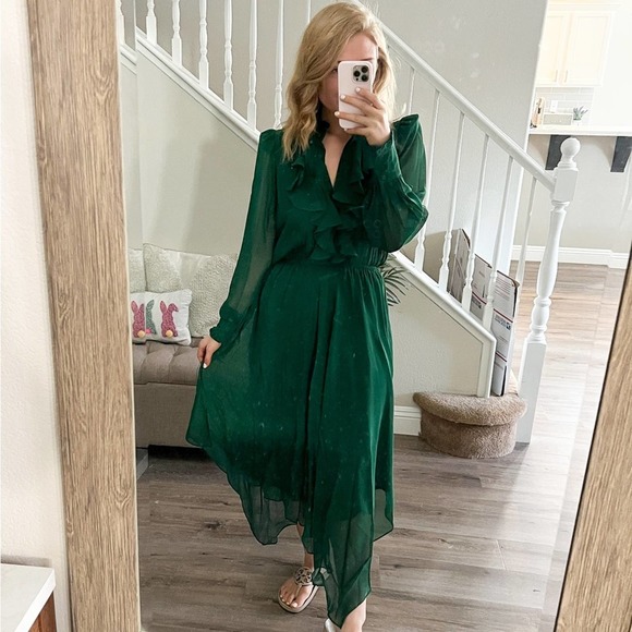 divine heritage Dresses & Skirts - Divine Heritage Silk Crepe Ruffle Front Midi Dress in Emerald Green, Size XS NWT
